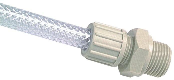 Exemplary representation: Straight screw-in fitting for fabric hose TX, cylindrical thread, polypropylene