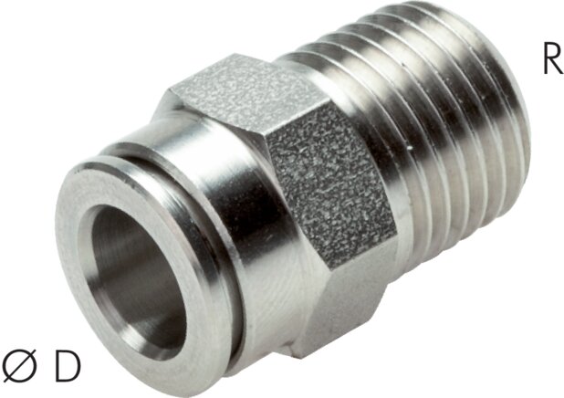 Exemplary representation: Push-in fitting with conical thread, stainless steel