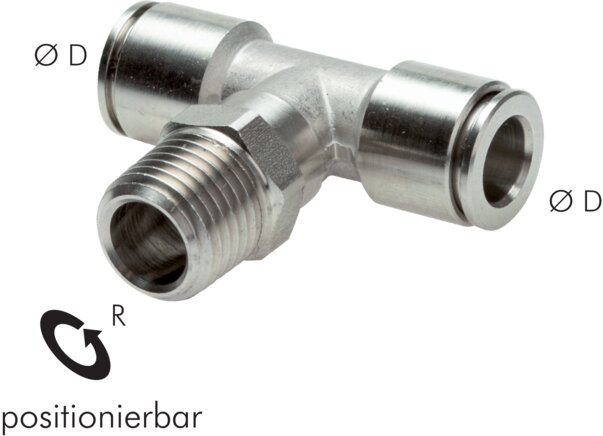Exemplary representation: TE push-in fitting (positionable) with conical thread, stainless steel