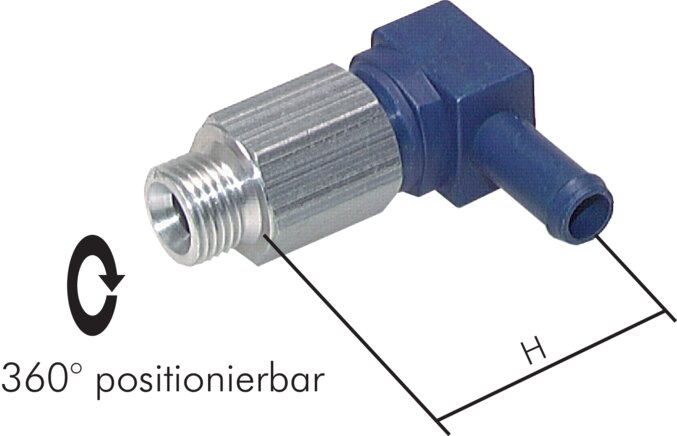 Exemplary representation: Swivel push-in L-fitting for PUR, PUN and PA hose, cylindrical thread, zamak / anodised aluminium