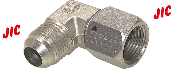 Exemplarische Darstellung: Winkel-Verschraubung 90° mit JIC-Gewinde (innen/außen), Stahl verzinkt